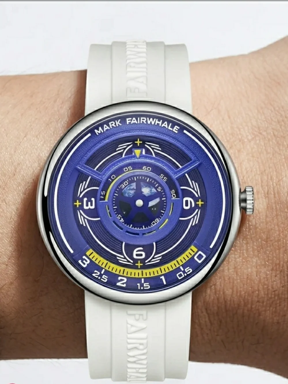 MARK FAIRWHALE Men's Personality Blue Dial Casual Sports Hollow Out White Strap